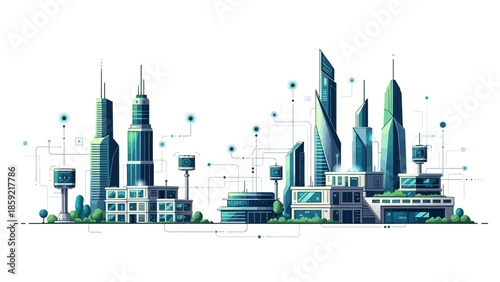 A futuristic cityscape with interconnected buildings and glowing digital nodes, representing a smart city concept.