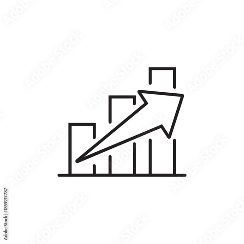 A black and white icon depicting a rising bar graph with an upward trending arrow symbolizing growth and positive performance
