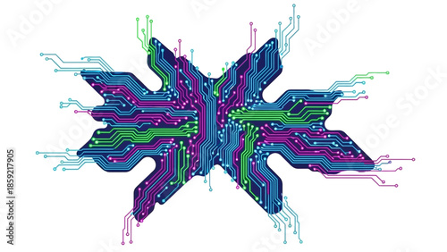 Abstract digital illustration of a complex electronic circuit board resembling a starburst or snowflake pattern with intricate pathways and connections.