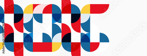 Abstract geometric pattern. Circles, squares overlap creating colorful design. Modern aesthetic, vibrant hues dominate composition.