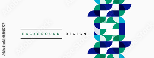 Abstract geometric pattern. Blue, green, teal squares create repeating design. White background provides contrast, simple text labels present.