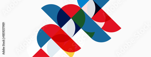 Abstract geometric shapes overlap, creating colorful composition. Circles, rectangles intersect on white background. Modern design elements present.