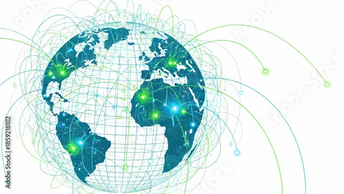 A digital representation of the Earth with glowing nodes and connecting lines, symbolizing global connectivity and data networks.