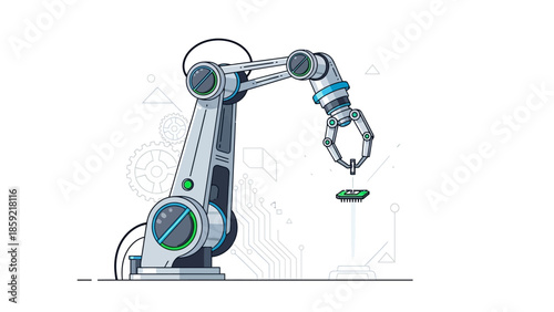 A robotic arm precisely places a small electronic component onto a circuit board, illustrating advanced automation in manufacturing.