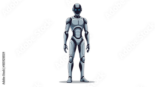 A full-body illustration of a humanoid robot with a sleek, futuristic design and glowing blue eyes.