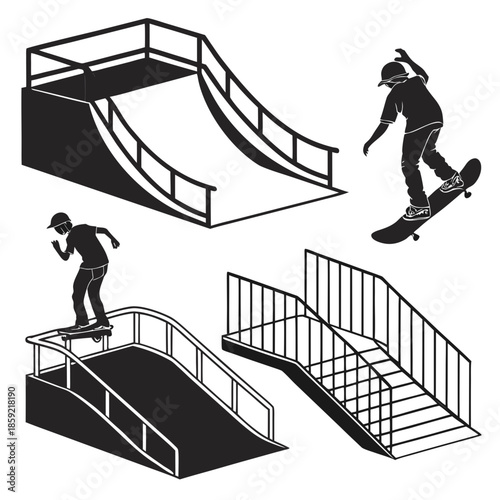 Skateboarders performing tricks on ramps