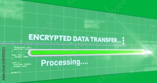 Animation of text, encrypted data transfer, receiving, with moving green bar on lilac interface