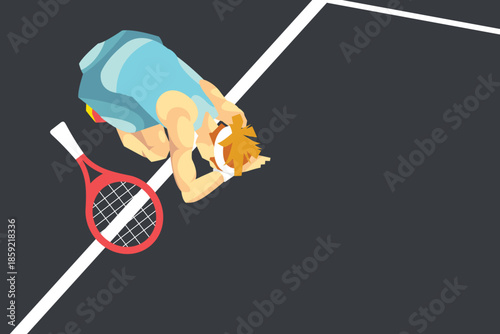 Tennis player kneeling on the court with head bowed and hands on face. A raw moment of emotion.