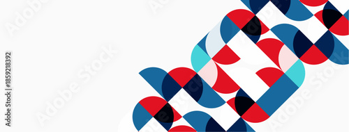 Abstract geometric pattern. Circles overlap creating dynamic visual texture. Blue, red, turquoise dominate composition. Minimalist design.