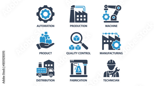 Manufacturing Process Icons in Modern Flat Design with Blue Color Scheme on White Background for Industrial Use