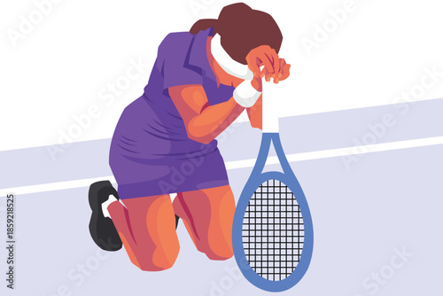 Tennis player kneeling on the court, head resting on racket in a moment of emotion and reflection.
