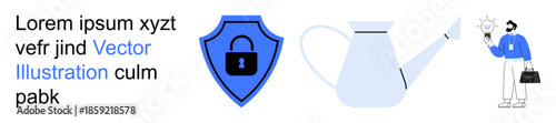 Cybersecurity, innovation, growth ideas, safe browsing, online protection, creativity. Lock on shield, watering can and person with lightbulb. Cybersecurity and innovation concept