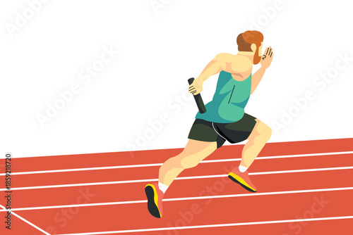Male athlete running on a red track with baton in hand during a relay race. A moment of speed and focus.