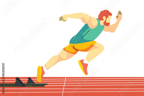 Male sprinter launching from starting blocks on a red track. A powerful moment of speed and athleticism.