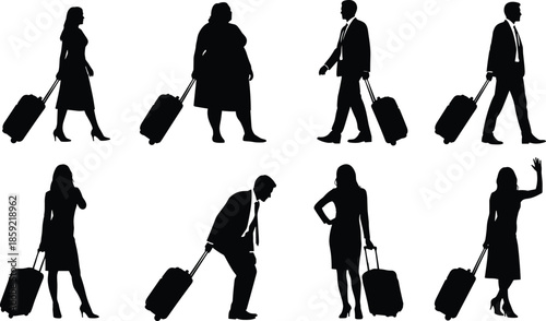Set of passenger silhouettes with luggage, business travelers walking with suitcases, tourists on vacation trip, black person shapes for airport travel, vector illustration, isolated.