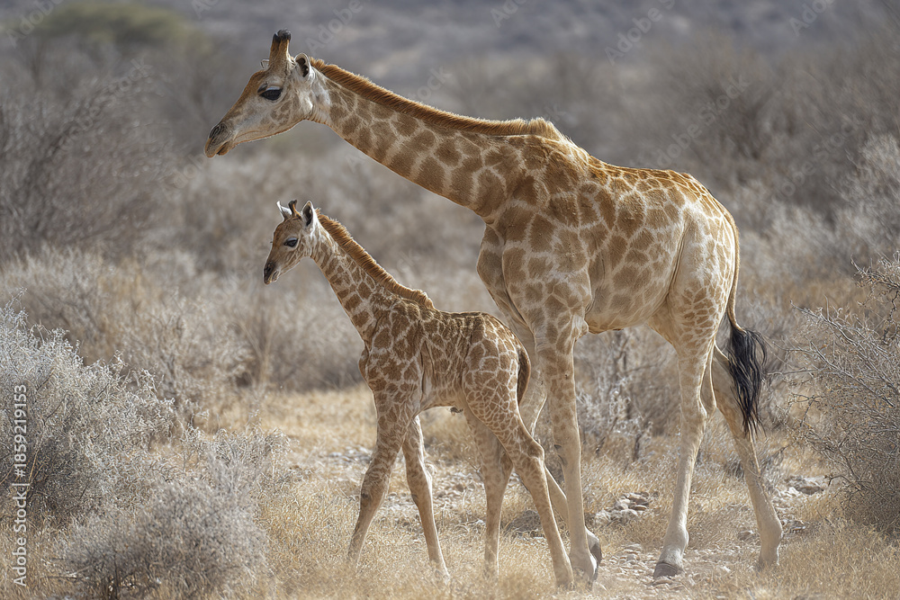 Fototapeta premium Giraffe calf learning to walk beside mother in dry savannah landscape with sparse bushes and muted natural colors, showing gentle bond and protective care