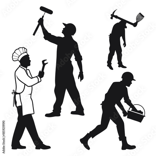 Silhouettes of various professionals at work