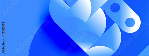 Abstract blue shapes overlap, creating dynamic composition. Smooth gradients suggest depth, light interplay. Modern design element.
