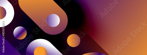 Abstract gradients, circles, shapes create modern visual. Purple, orange hues dominate composition. Minimalist design evokes futuristic feel.