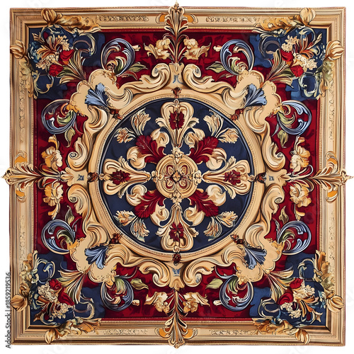 Symmetrical Ornate Ceiling Medallion with Floral Scrollwork and Colorful Classical Motifs