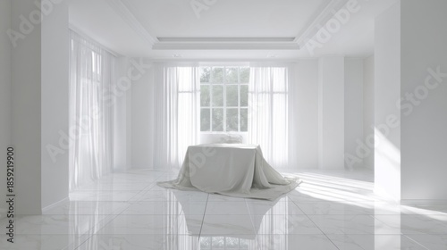Minimalist white interior with large windows and sheer curtains, natural light enhancing clean ambiance,