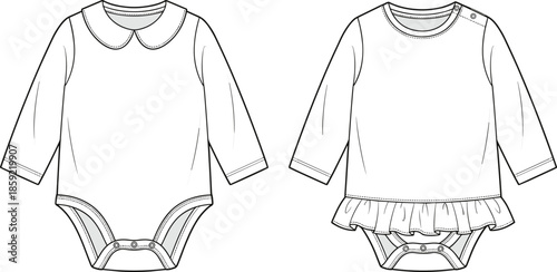 Baby romper bodysuit technical fashion illustration, front back view long sleeve snap closure ruffle hem flat vector