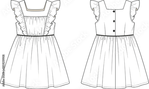 Girls dress technical illustration, sleeveless ruffle shoulder pinafore dress with button back, fashion flat vector design