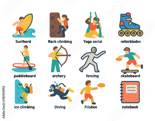 Colorful illustration of various outdoor and indoor activities with diverse participants
