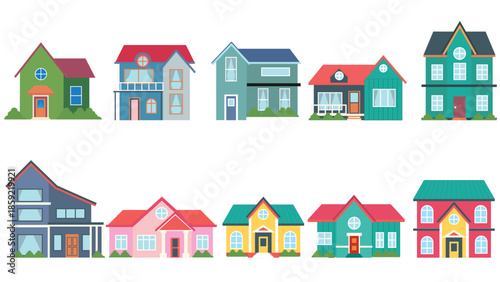 Minimalist flat illustration set of ten colorful cute houses. Various residential designs perfect for real estate, neighborhood maps, architecture, and housing themes design works