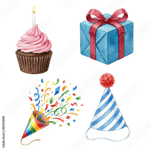 Watercolor birthday party set with cupcake, hat, gift and confetti isolated