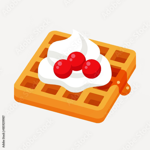 A delicious square waffle topped with whipped cream, bright red cherries, and dripping honey, presented in a 2D flat icon style