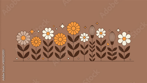 Minimalist Graphic Illustration of Flowers and Leaves on a Solid Brown Background from a Frontal Viewpoint