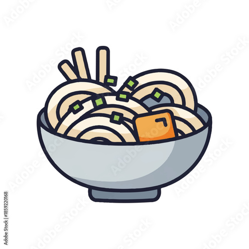 A delicious bowl of Japanese ramen noodles, expertly prepared and beautifully presented in a stylized illustration