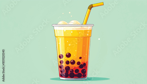 Refreshing Bubble Tea with Tapioca Pearls and Yellow Straw.