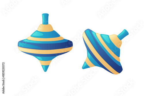 Blue spinning tops with diagonal stripes. Two cyan colored whirligigs with striped pattern. Bright traditional children toys. Classic game elements with blue handle. Vector illustration