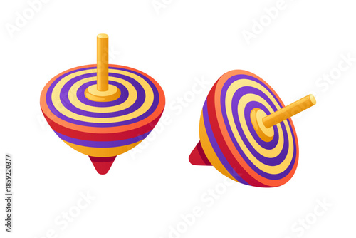 Rainbow spinning tops with concentric circles. Two colorful whirligigs with vibrant circular pattern. Bright traditional toys with yellow handle. Classic children game elements. Vector illustration