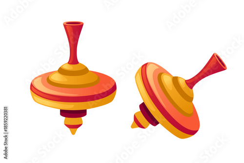 Red and yellow spinning tops. Two striped whirligigs with warm color pattern. Bright traditional toys with red handle. Classic children game elements. Vector illustration isolated on white
