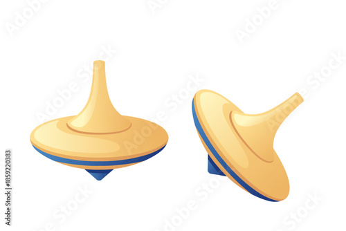 Beige spinning tops pair. Two cream colored whirligigs with simple minimalist design. Neutral tone traditional toys. Classic children entertainment objects. Vector illustration isolated on white