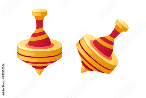 Yellow and orange spinning tops. Two warm colored whirligigs with diagonal stripes. Bright traditional children toys. Classic game elements with yellow handle. Vector illustration
