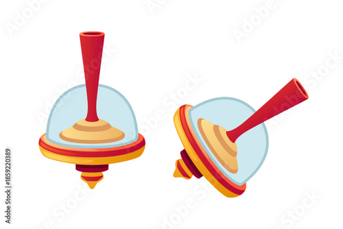 Silver spinning tops with red handles. Two metallic gray whirligigs with diagonal stripes. Modern traditional toys. Classic children entertainment objects. Vector illustration on white