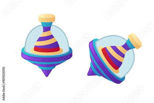 Purple spinning tops with rainbow stripes. Two violet whirligigs with colorful pattern. Bright traditional toys with purple handle. Classic children entertainment elements. Vector illustration