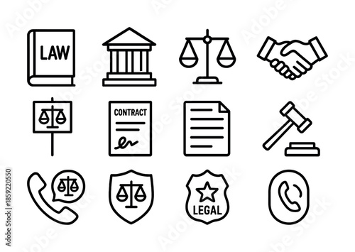 Law and justice icons: gavel, scales, contract, legal badge, handshake, courthouse