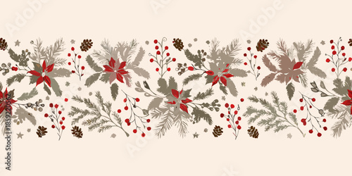 Festive winter botanical border with poinsettias pine cones and berry branches