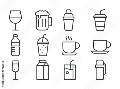 Assorted beverage icons: wine, beer, coffee, juice, milk, cup, mug, bottle