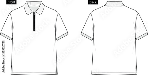 Men zip polo shirt technical fashion illustration, front back view short sleeve collared apparel flat vector