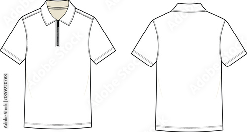 Men zip polo shirt technical fashion illustration, front back view short sleeve collared casual apparel flat vector