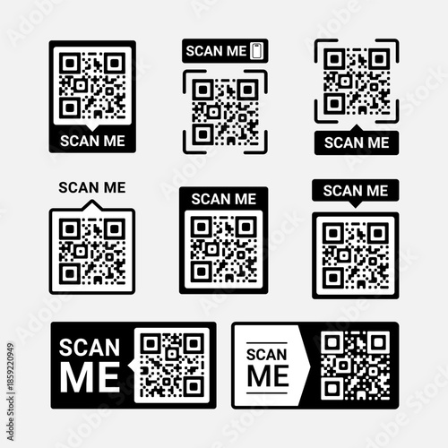 Flat design qr code icon scan me stamp set
