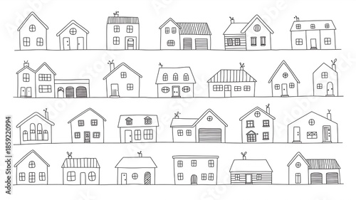 Doodle houses seamless pattern hand drawn sketch style vector illustration various residential buildings simple outline isolated on white background