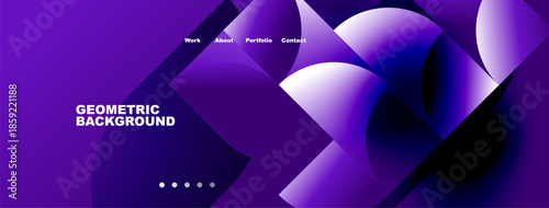 Abstract purple design features geometric shapes, gradients. Navigation menu present, dots indicate sections. Modern, stylish background.