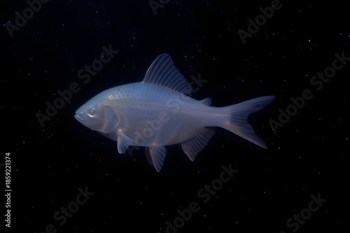 Glowing white fish swimming in dark water with stars